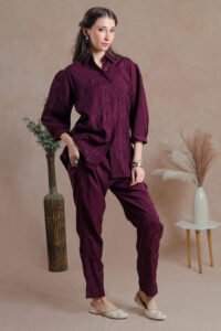 Maroon co-ord set features Shirt with matching pant set with embroidery all over.