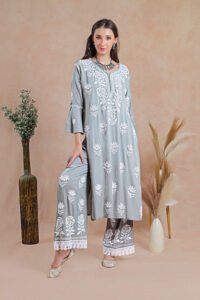 Chikankari grey kurta set, with intricate hand-embroidered Chikankari motifs.