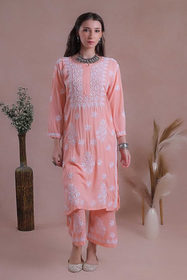 Peach Chikankari Kurta Set - Image 2