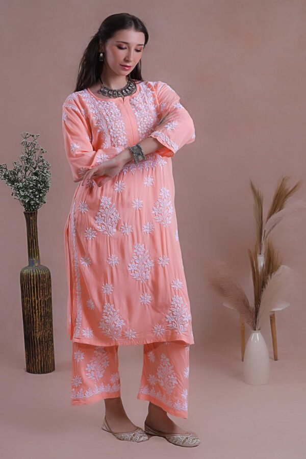 Peach Chikankari Kurta Set - Image 5