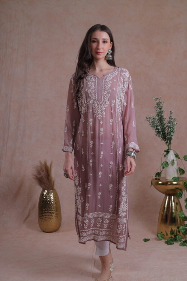 Brown Ombre Shaded Chikankari Kurta - Image 2