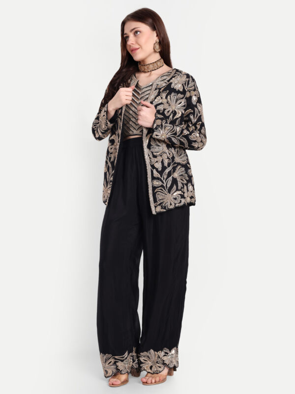 Black Embroidered Blazer With Crop Top And Trouser - Image 4