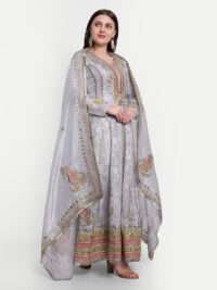 Grey Gotta Patti Full Sleeves Anarkali With Dupatta