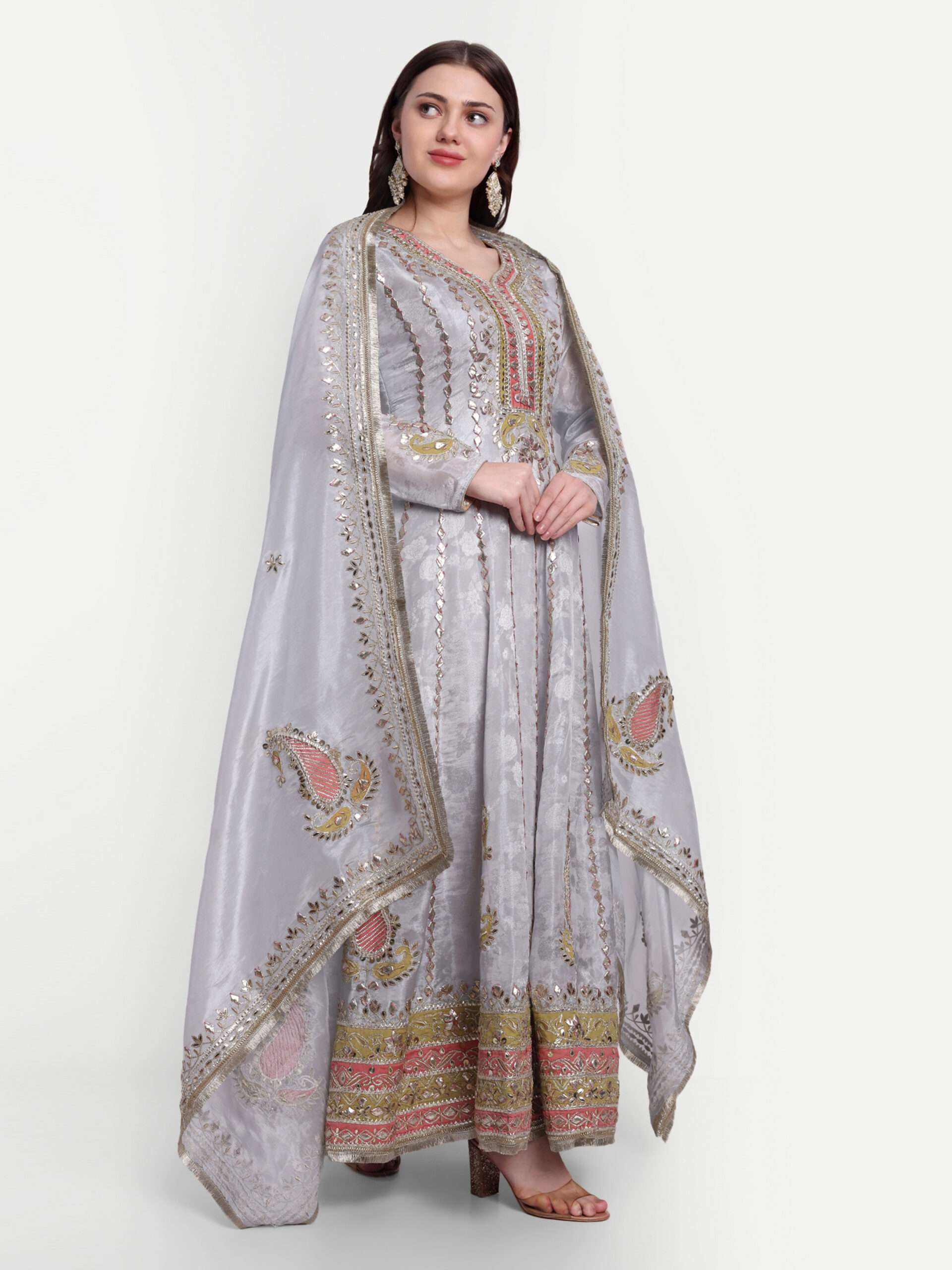 Grey Gotta Patti Anarkali With Dupatta