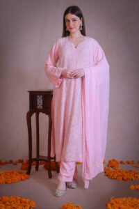 Pretty Pink Kurta set with Dupatta with chikankari and pearl work all over.