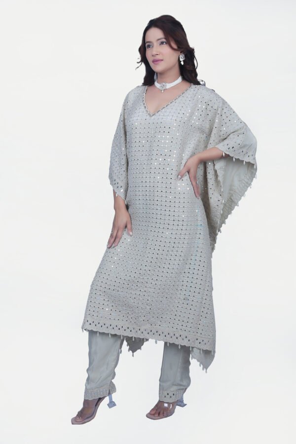 Cream Mirrorwork Kaftan Set With Pant - Image 2