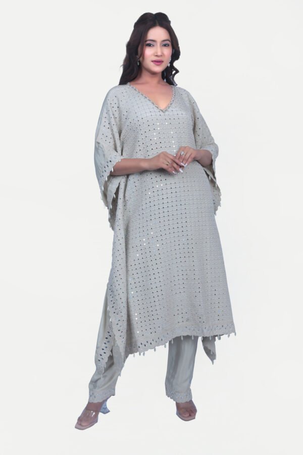 Cream Mirrorwork Kaftan Set With Pant - Image 4