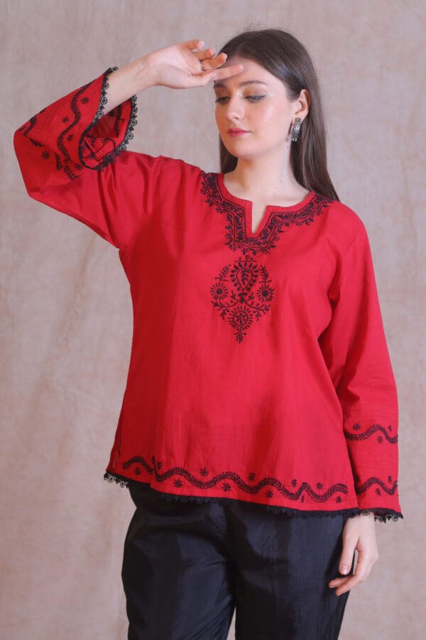 Red Chikankari Short Kurta - Image 2