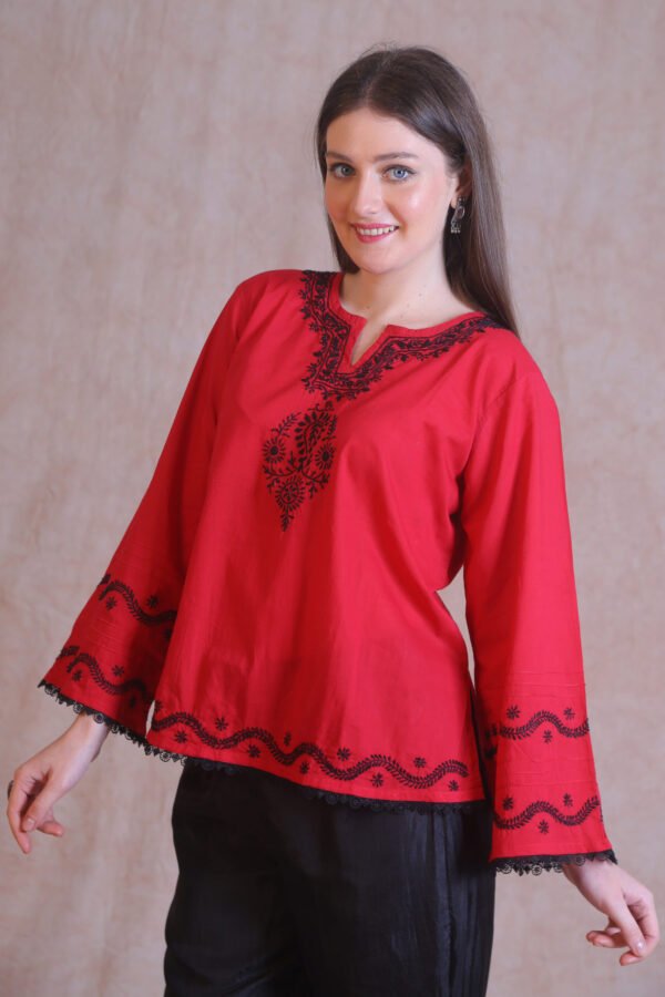 Red Chikankari Short Kurta - Image 3