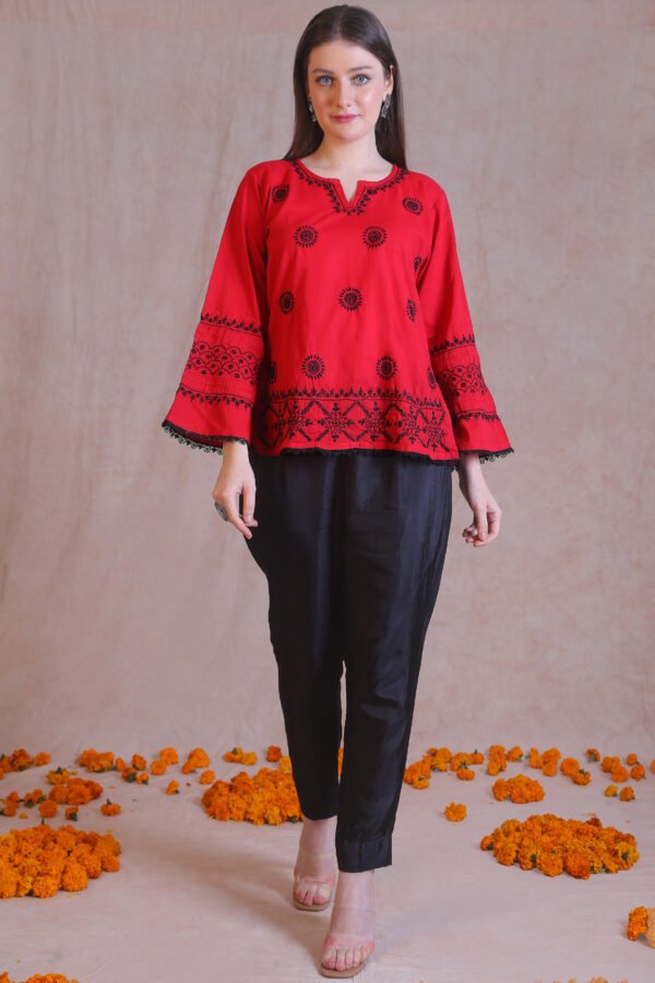 Red Black Chikankari Short Kurta - Image 2