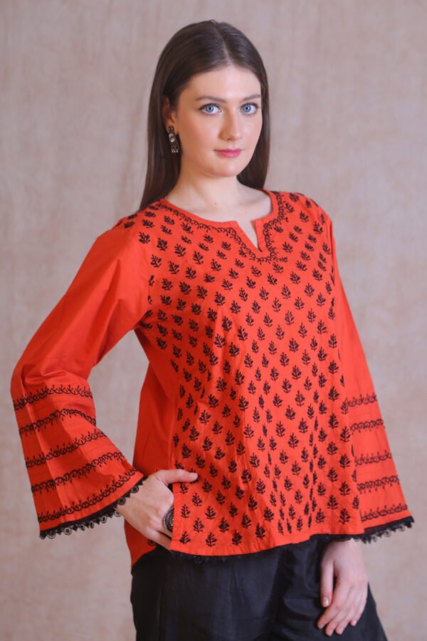 Orange Chikankari Short Kurta - Image 5