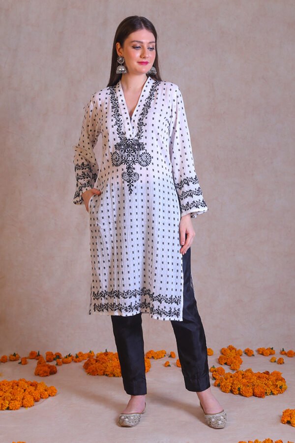 Black And White V-Neck Chikankari Kurta - Image 2