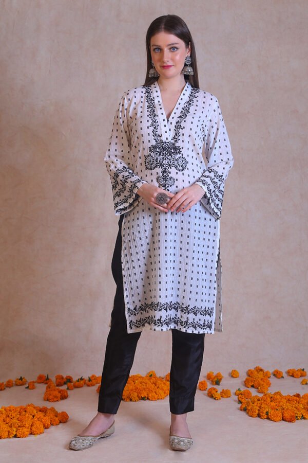 Black And White V-Neck Chikankari Kurta - Image 3