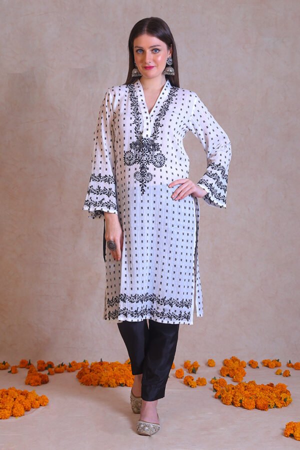 Black And White V-Neck Chikankari Kurta - Image 4