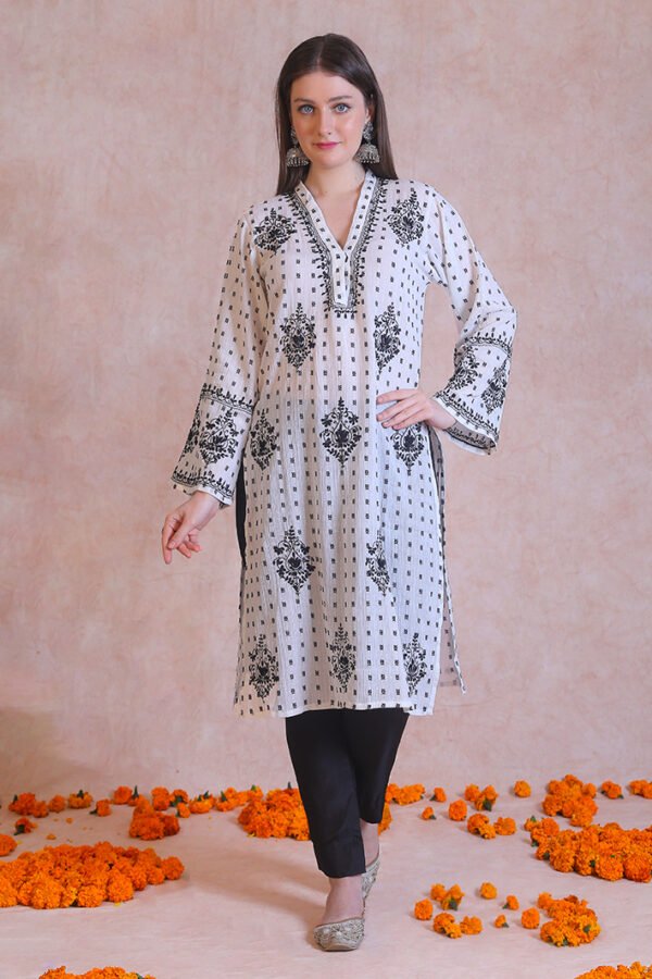 Black And White V-Neck Chikankari Kurta