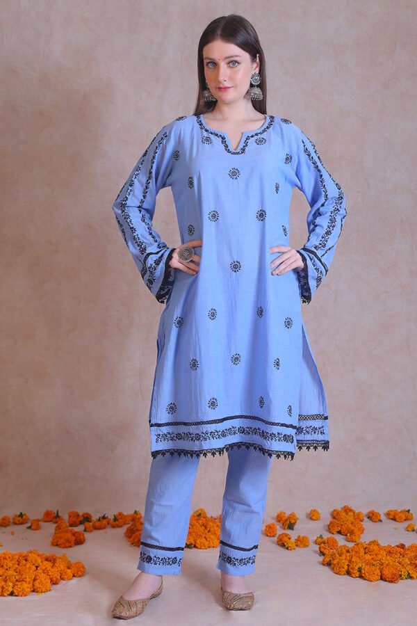 Blue Chikankari V-Neck Kurta Set - Image 3