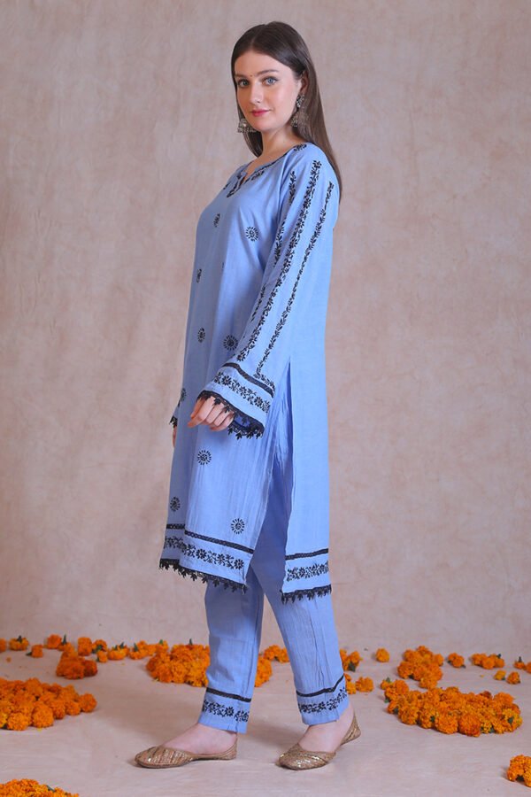 Blue Chikankari V-Neck Kurta Set - Image 4