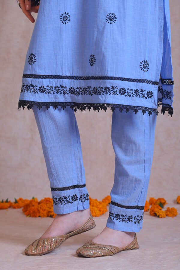 Blue Chikankari V-Neck Kurta Set - Image 5