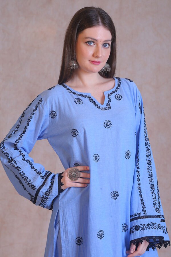 Blue Chikankari V-Neck Kurta Set - Image 6