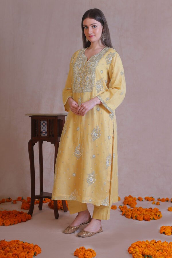 Yellow Organza Chikankari And Moti Work Kurta Set - Image 2