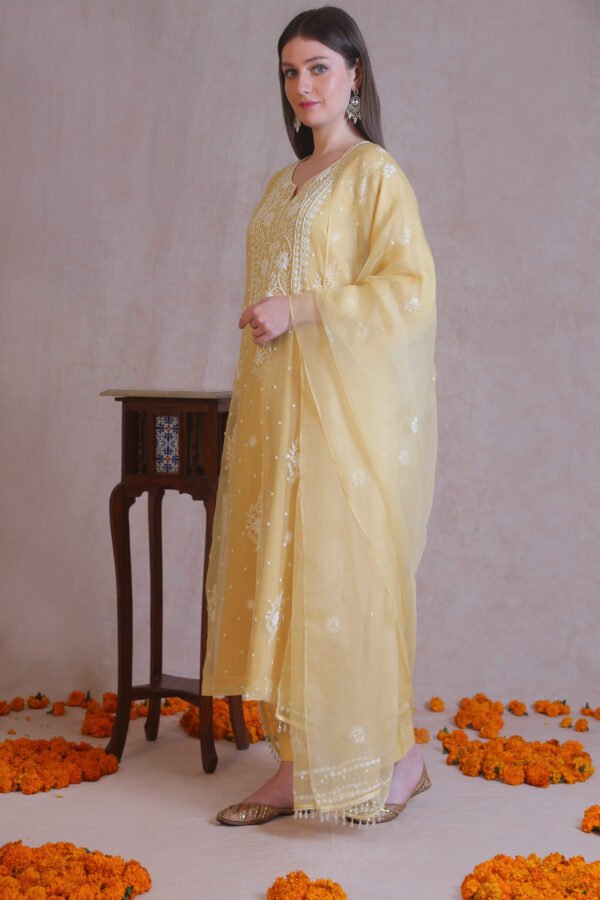 Yellow Organza Chikankari And Moti Work Kurta Set - Image 3