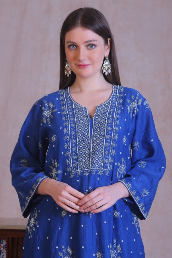 Blue Chanderi Chikankari And Moti Work Kurta Set - Image 2