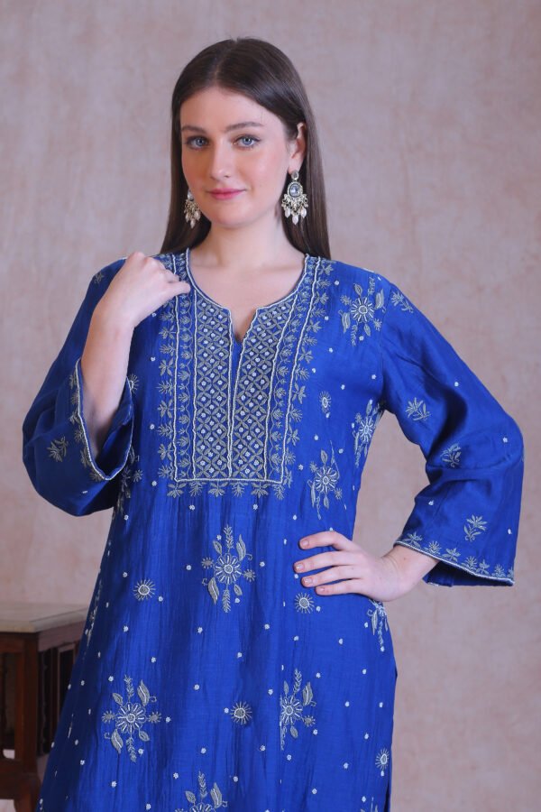 Blue Chanderi Chikankari And Moti Work Kurta Set - Image 3