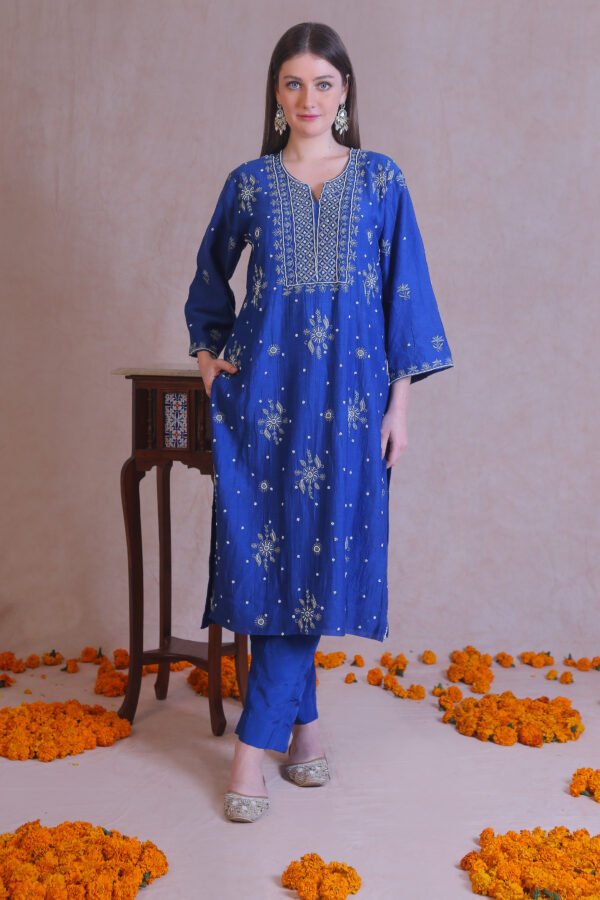 Blue Chanderi Chikankari And Moti Work Kurta Set - Image 4