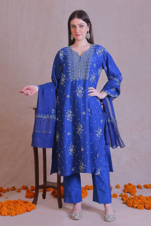 Blue Chanderi silk suit set featuring intricate Contrast thread chikankari 