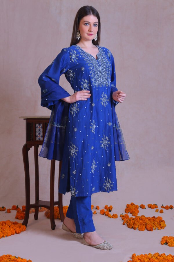 Blue Chanderi Chikankari And Moti Work Kurta Set - Image 5