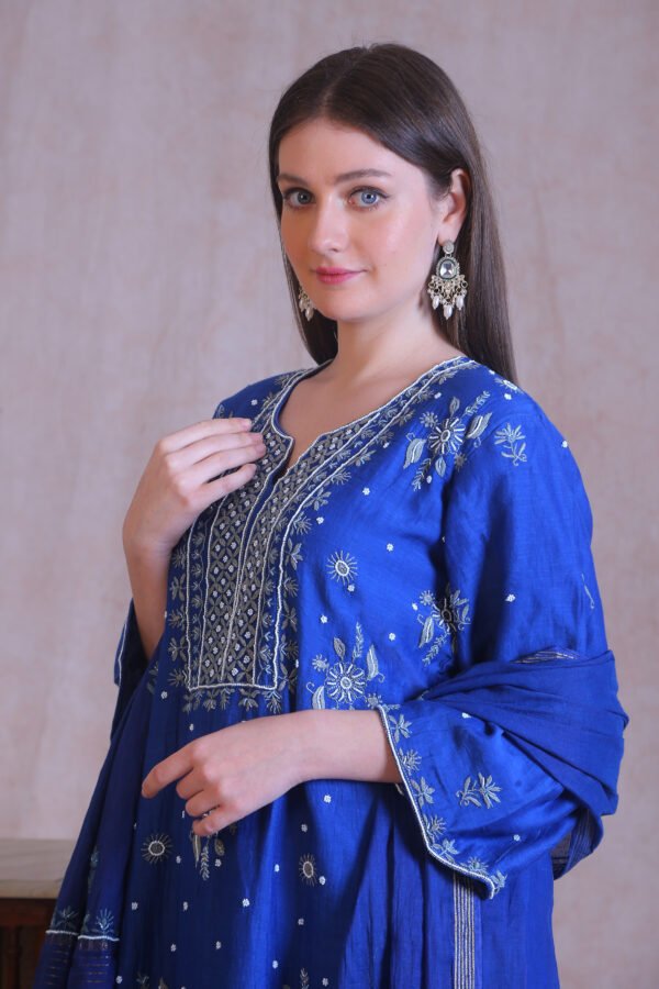 Blue Chanderi Chikankari And Moti Work Kurta Set - Image 6