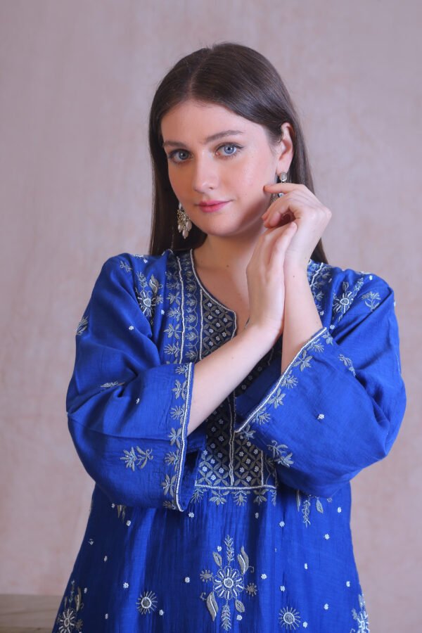 Blue Chanderi Chikankari And Moti Work Kurta Set - Image 7