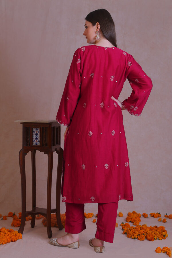 Hot Pink Chanderi Chikankari And Moti Work Kurta Set - Image 2