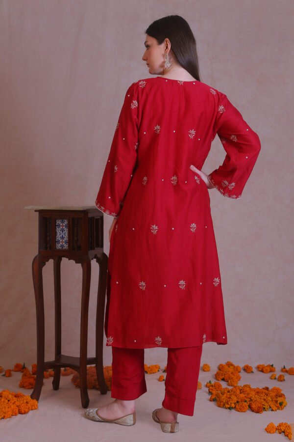 Red Chanderi Chikankari And Moti Work Kurta Set - Image 2