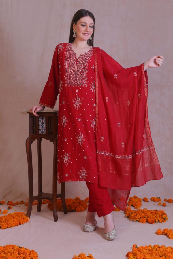 Red Chanderi Chikankari And Moti Work Kurta Set - Image 3