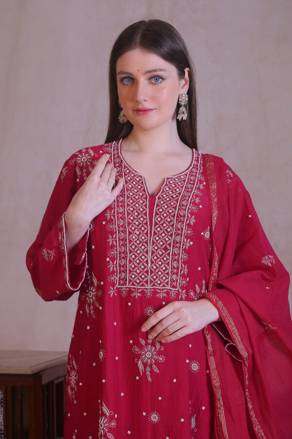 Hot Pink Chanderi Chikankari And Moti Work Kurta Set - Image 4