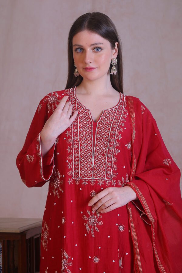 Red Chanderi Chikankari And Moti Work Kurta Set - Image 4