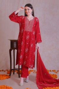 Crimson Red Chanderi silk suit set, embellished with delicate cutdana, sequins and pote.