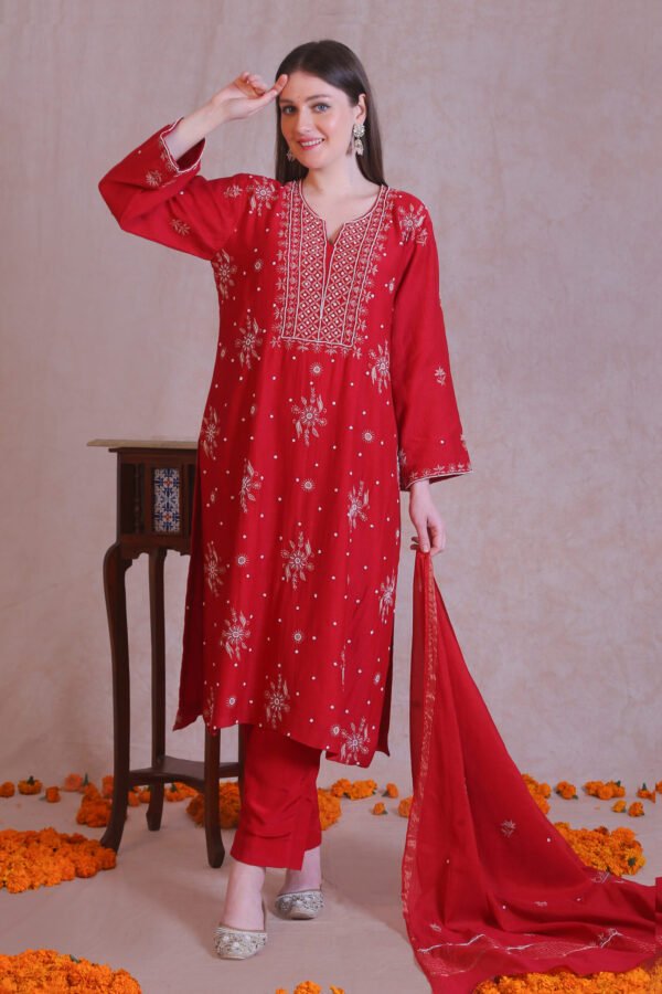 Crimson Red Chanderi silk suit set, embellished with delicate cutdana, sequins and pote.