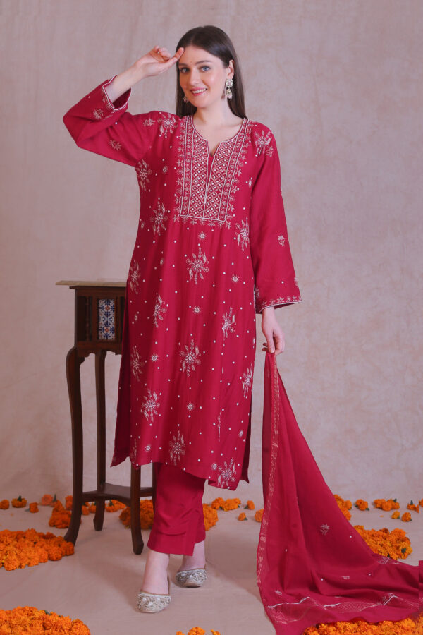 Hot Pink Chanderi Chikankari And Moti Work Kurta Set