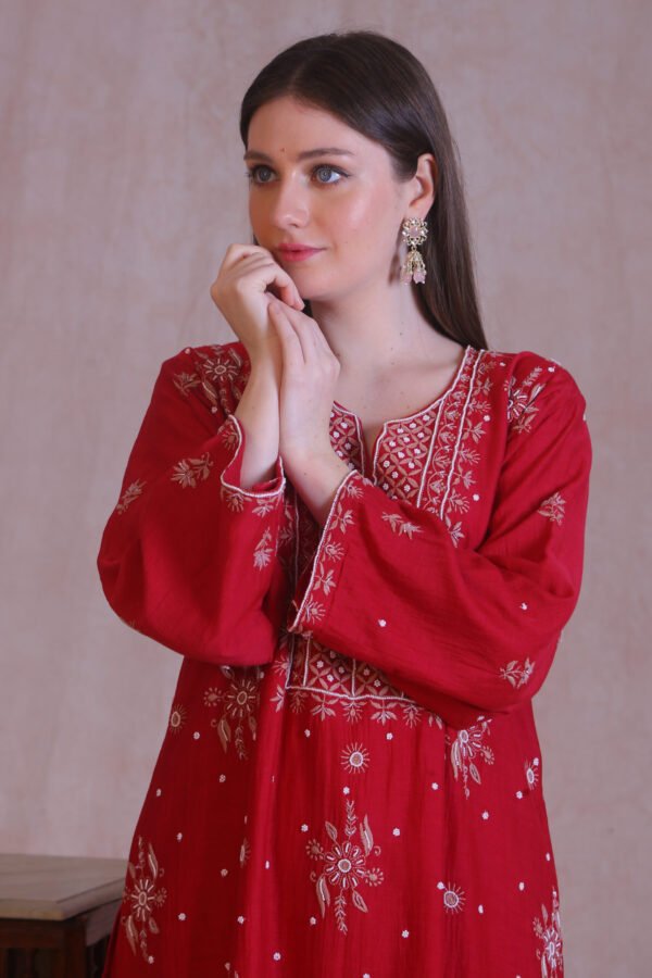 Red Chanderi Chikankari And Moti Work Kurta Set - Image 5