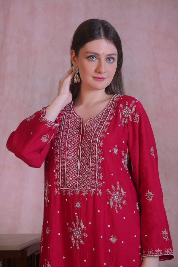 Hot Pink Chanderi Chikankari And Moti Work Kurta Set - Image 5