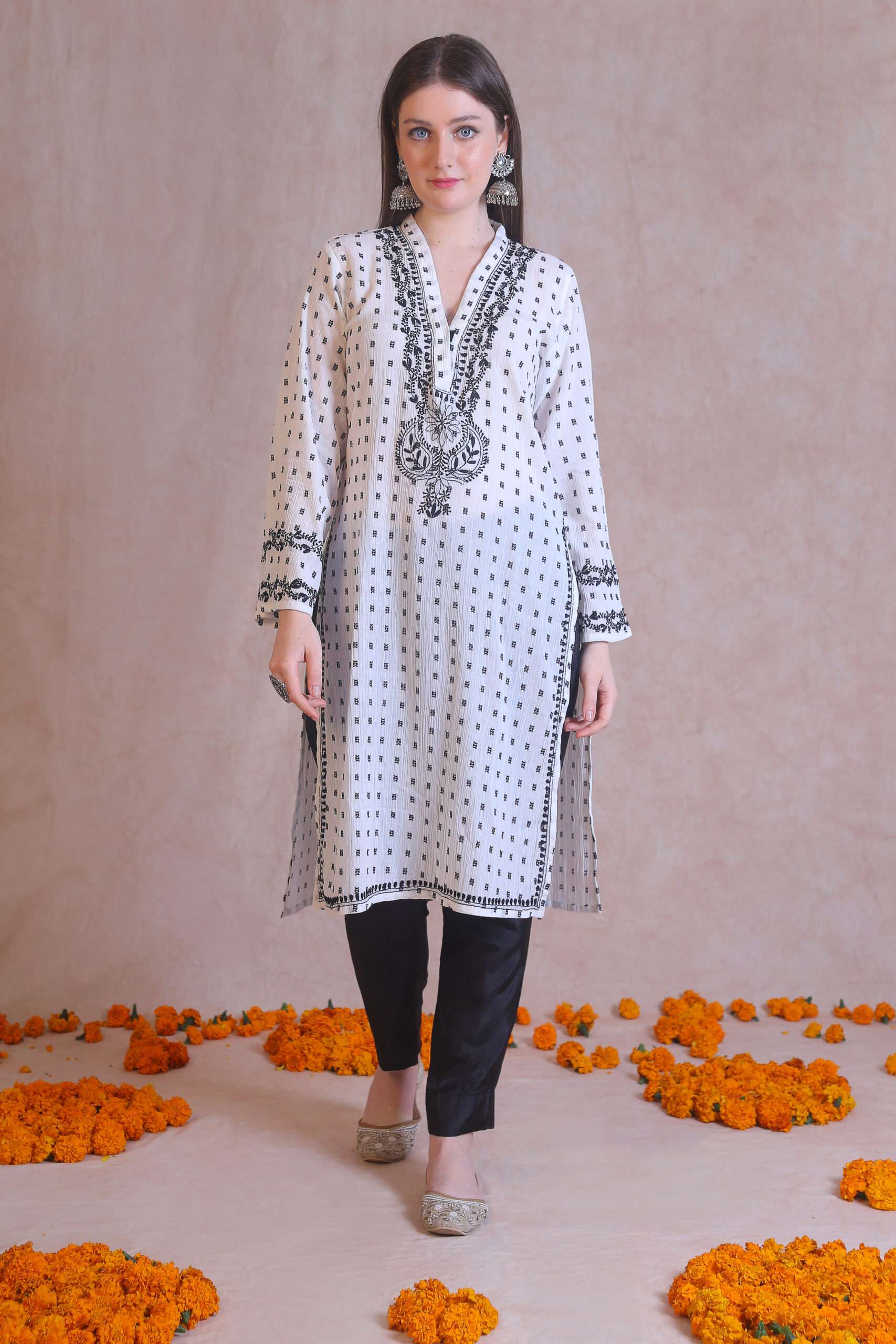 Black And White V-Neck Chikankari Kurta